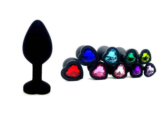Plug Anal Mediano con Gema Corazón – Silicona Negra