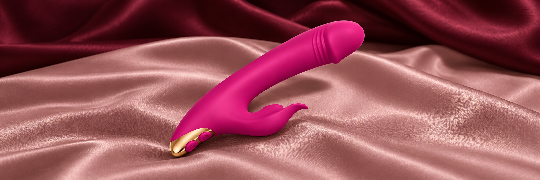 Vibrador fucsia sobre satén rosa y vino